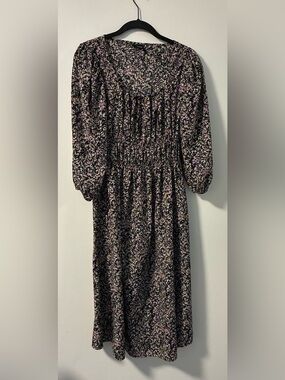 Floral Smocked Waist Long Sleeve Midi Dress - Black & Floral